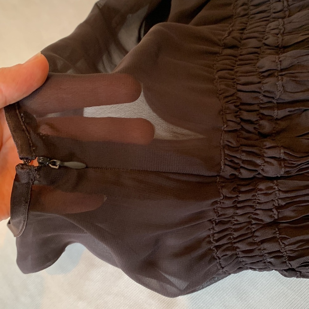 Chocolate Brown Sheer Midi V-Neck Dress | Mesh Pleated A-line Dress | Size S / M - Picture 8 of 11